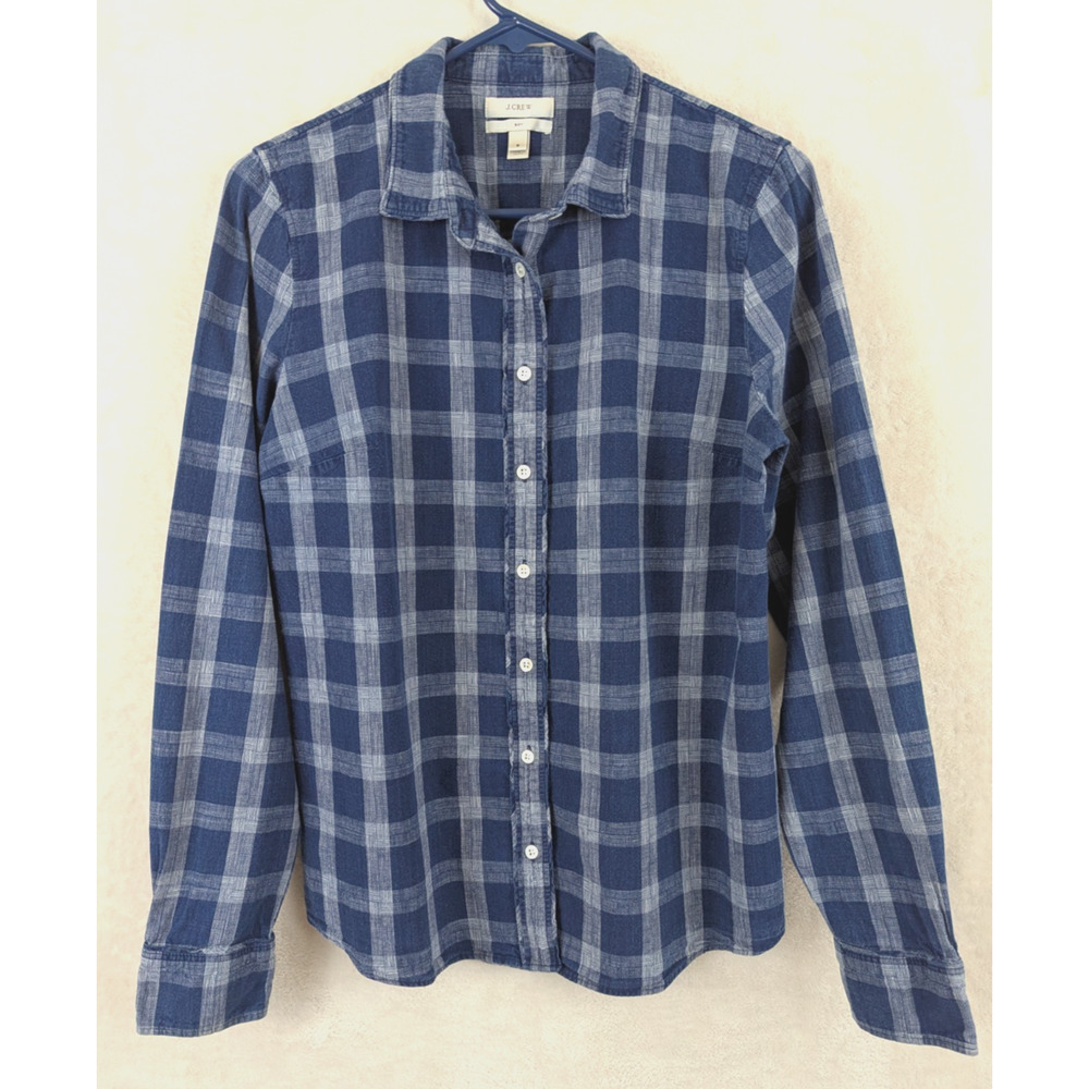 J.Crew sz 8 Boy Fit Shirt blue plaid print buttons long sleeves women 0417